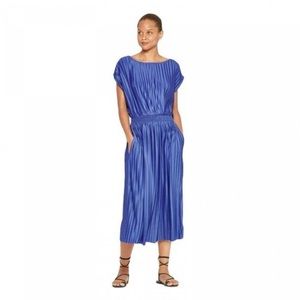 Prologue Royal Blue Pleated Dress Cinched Waist Boat Neck Short Sleeve (M)